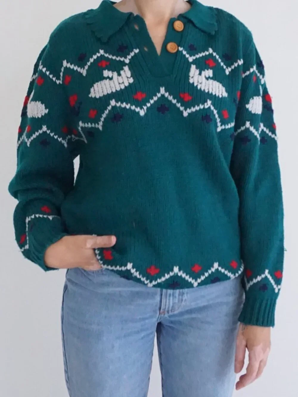 Vintage Bryn Connelly Green Bunny 15% Wool Fair Isle Knit Collared Sweater L - Picture 1 of 10